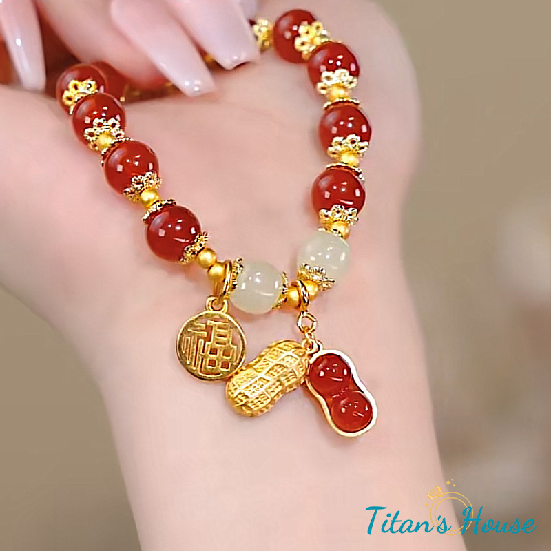  Chuỗi - vòng tay đá Mã Não huyết kết hợp Charm hạt đậu phong thuỷ - Titan's House - C013T