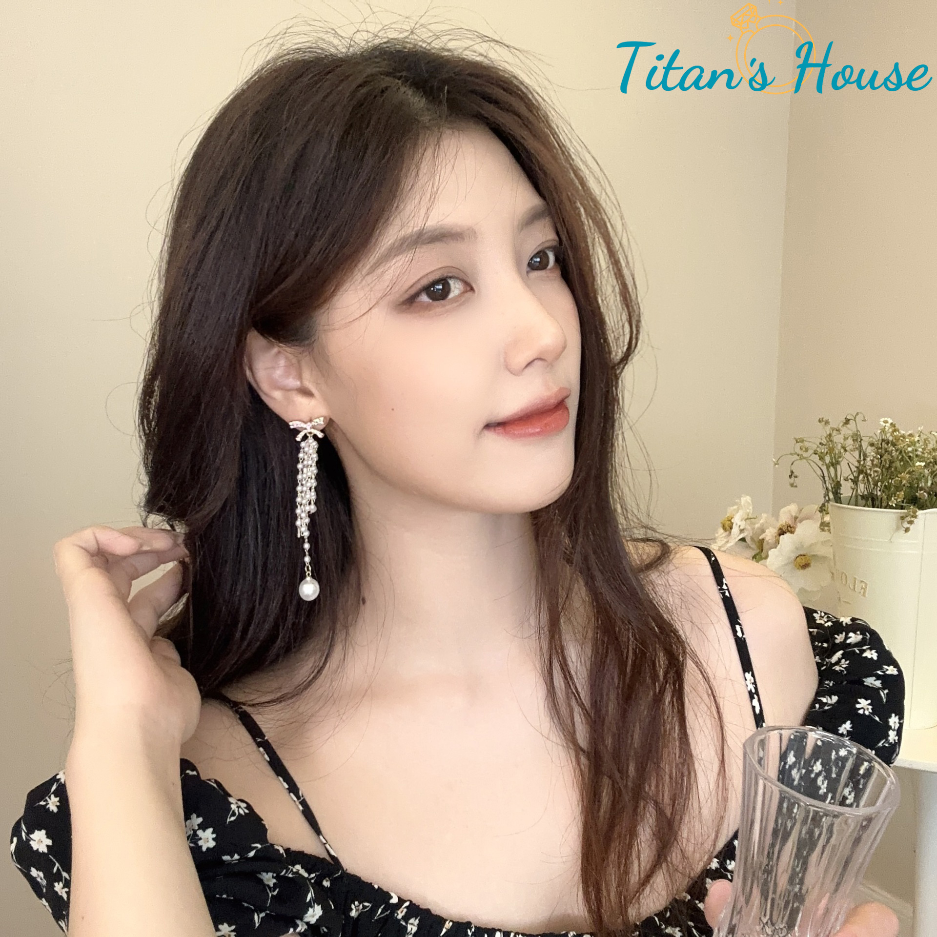 Bông tai - Hoa tai Bạc kết hợp chuỗi ngọc trai tua rua - Titan's House - HT002T
