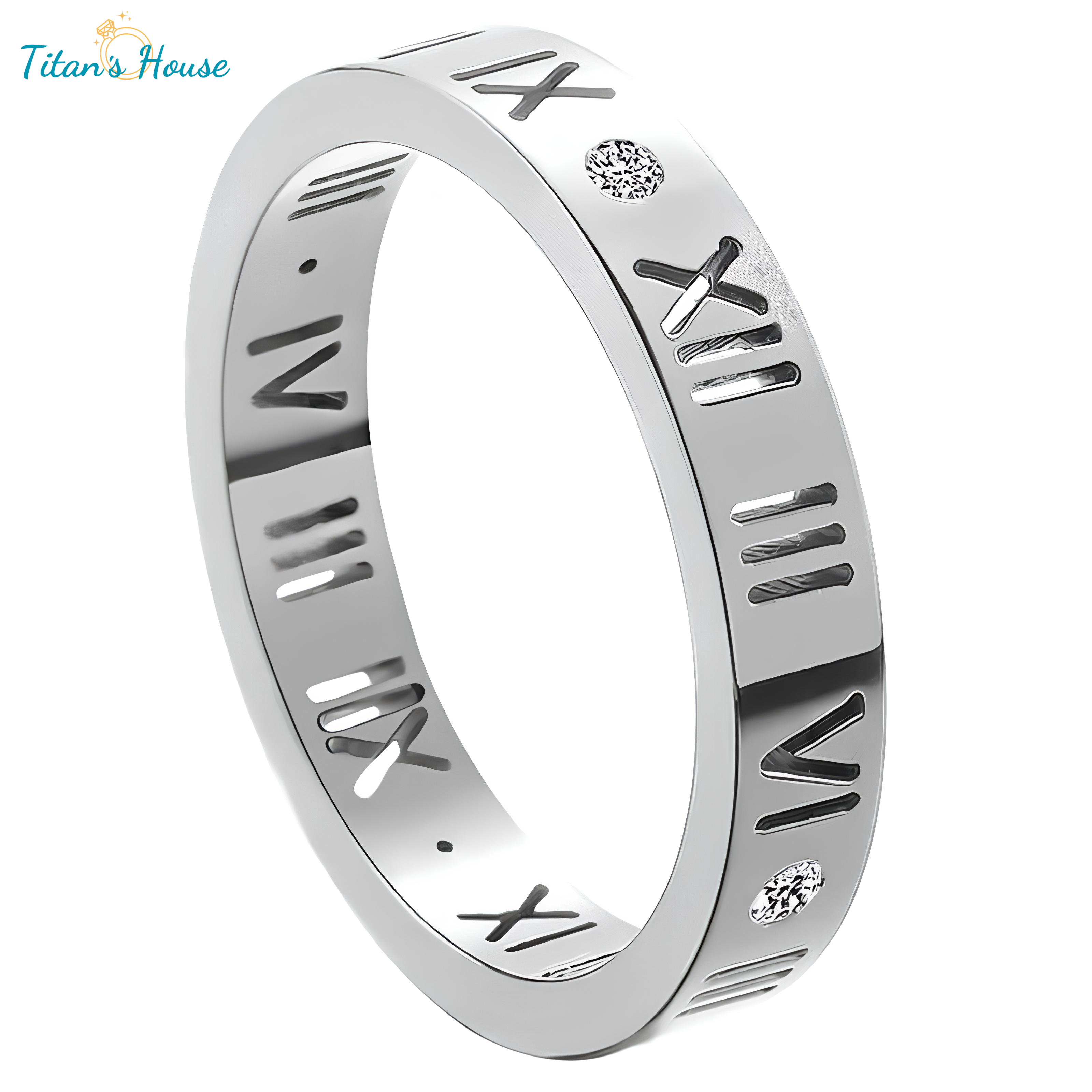 Nhẫn Titan Unisex khắc số La mã đính đá Zircon - Titan's House - N005T