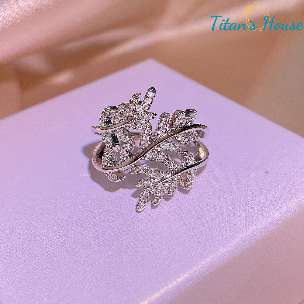Nhẫn Unisex đá Zircon hình cành lá  Titan - Titan's House - N010T